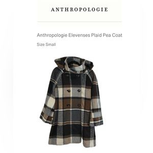 Anthropologie By Elevenses Hampden Plaid Pea Coat w/ Detachable Hood Size Small